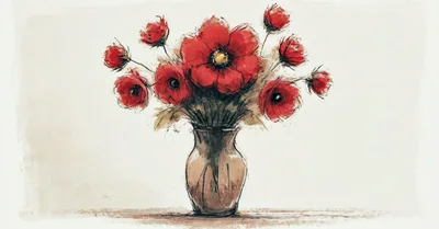 Impressionistic Oil Painting Of Red Poppies In A Vase
