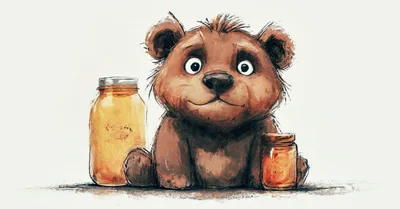 Cute Cartoon Bear Sitting With Honey Jars