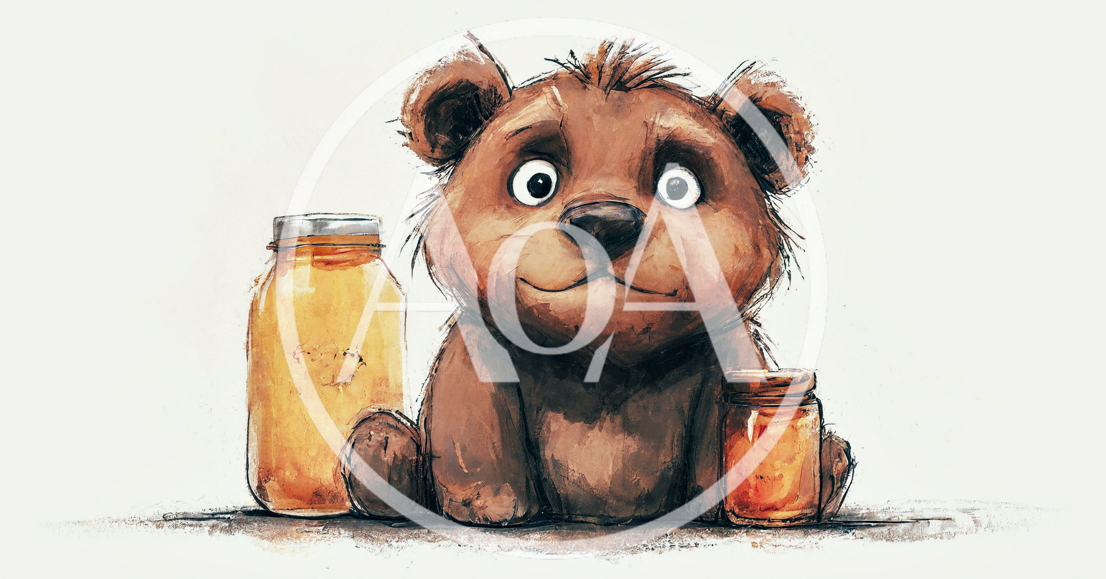 Cute Cartoon Bear Sitting With Honey Jars