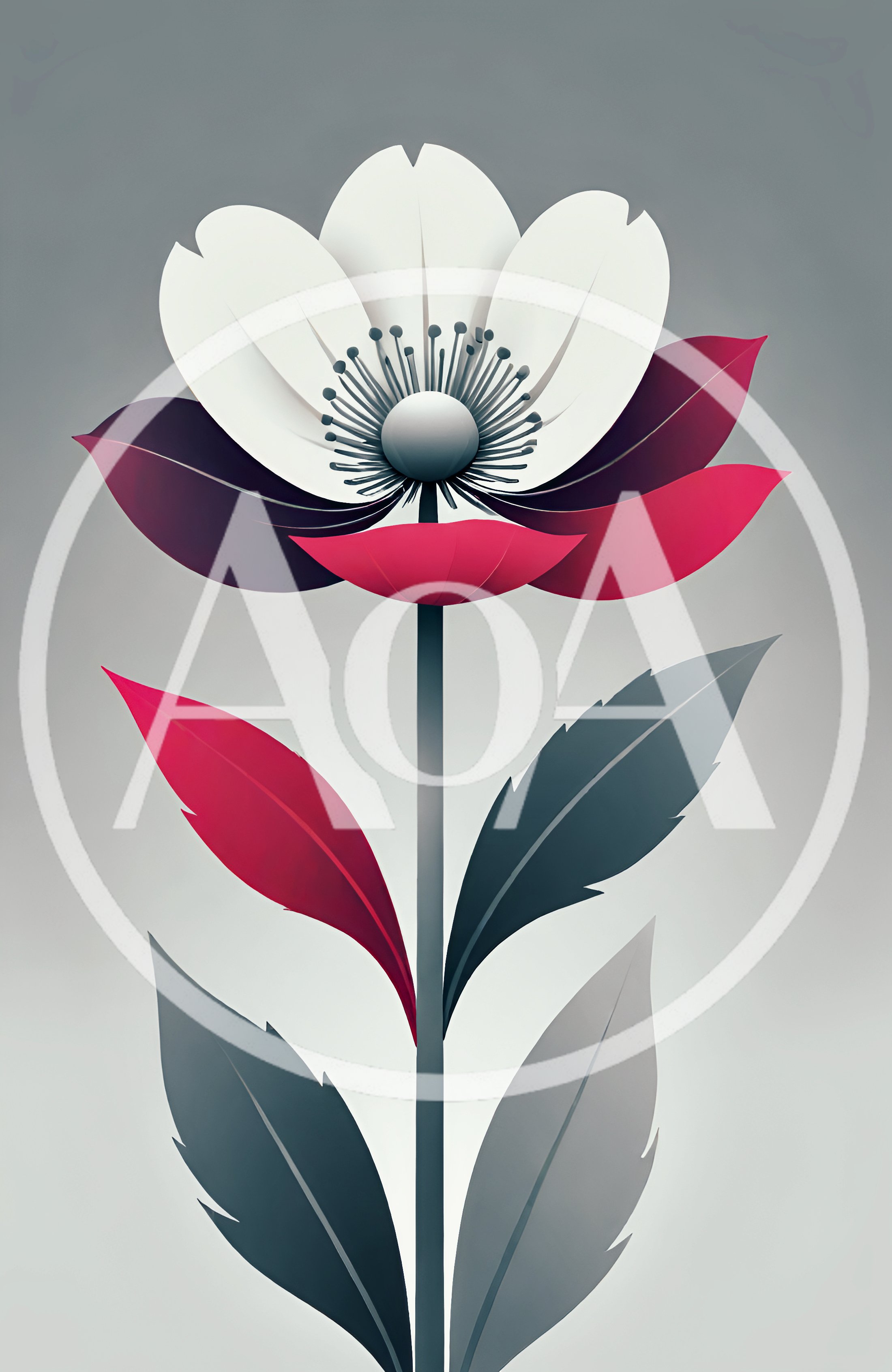 Stylized Minimalist Flower Illustration With Red And Grey Leaves