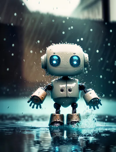 Small Cute Robot Standing In The Rain