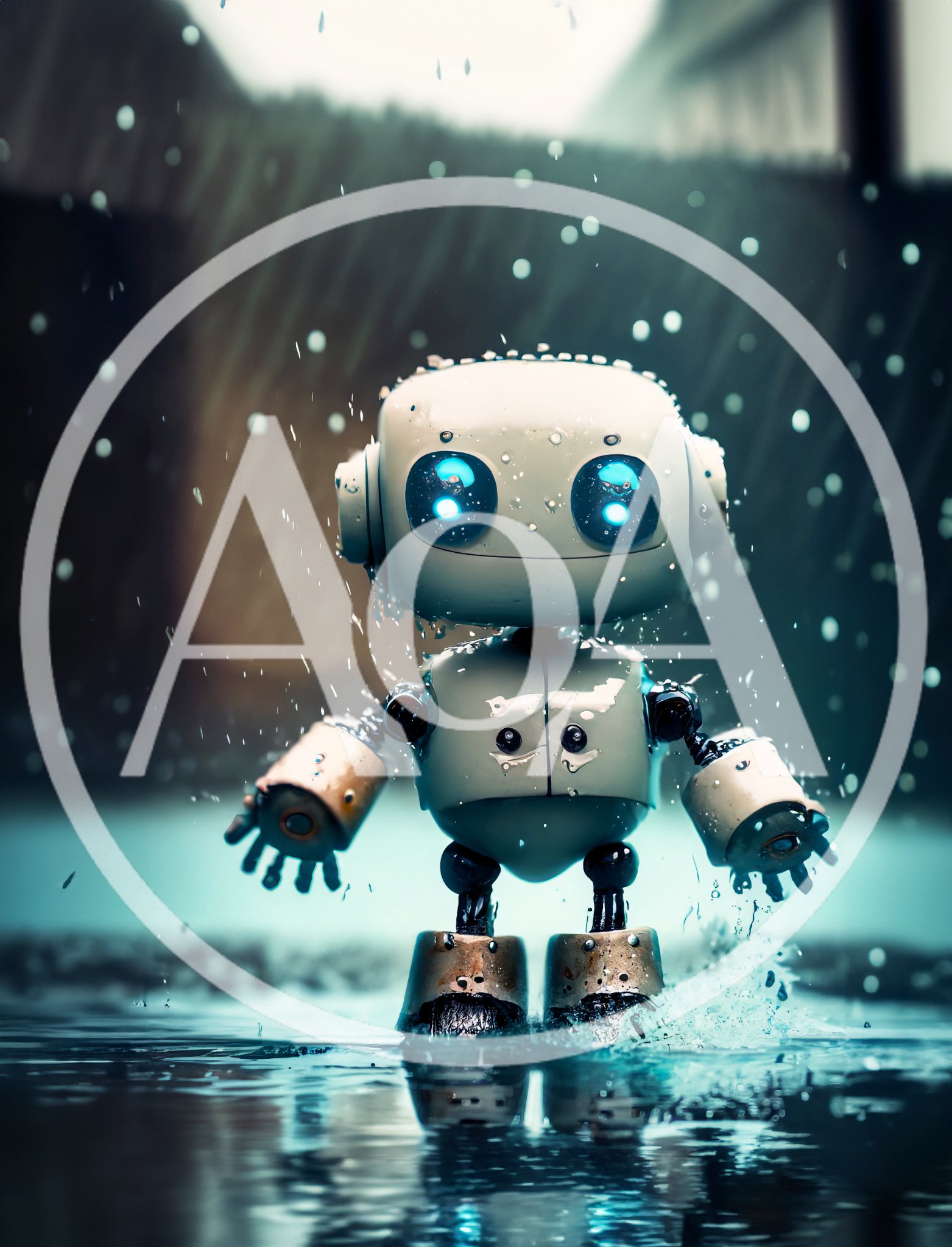 Small Cute Robot Standing In The Rain