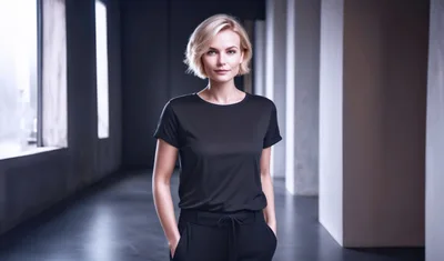 Professional Woman Standing In Modern Minimalist Office Hallway