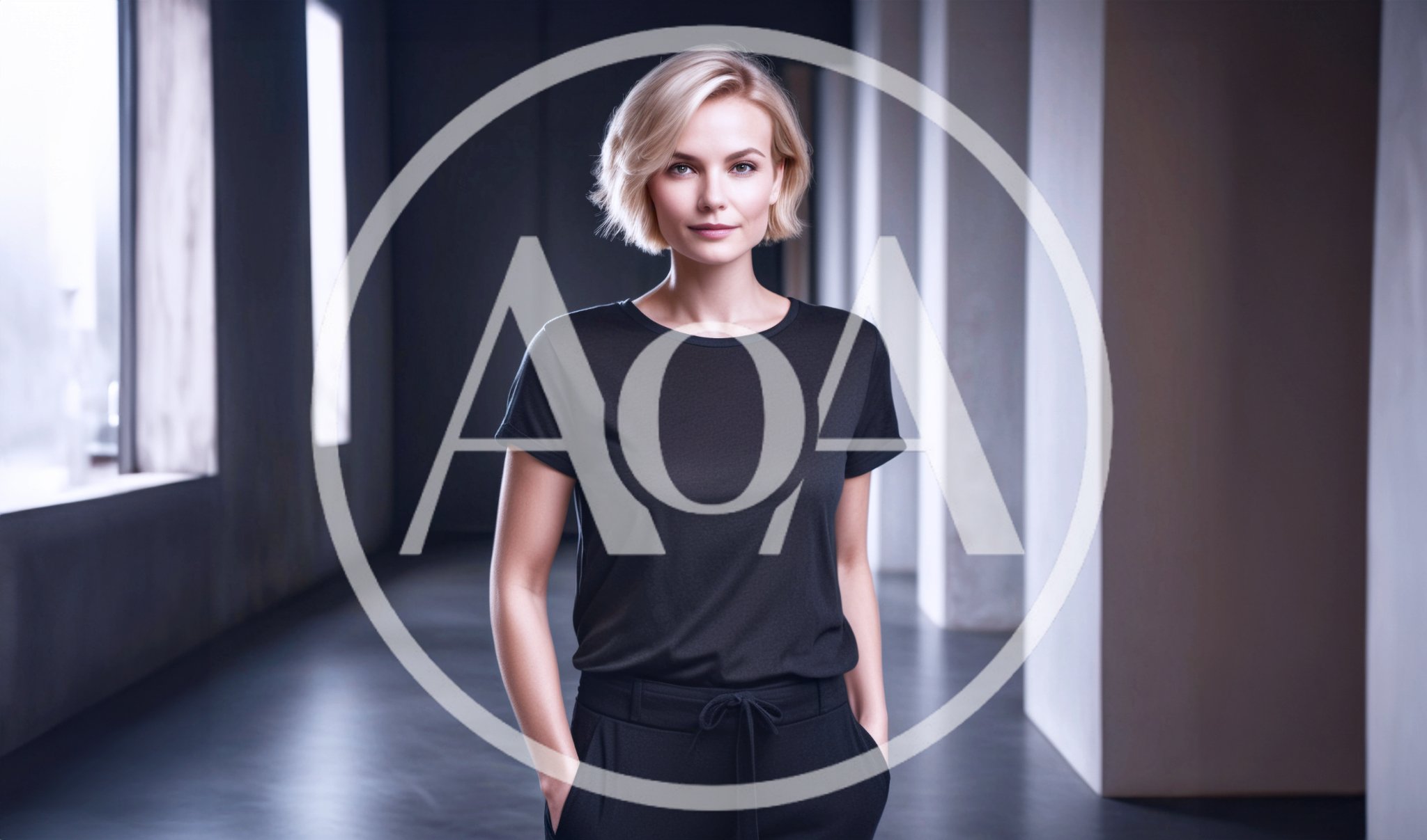Professional Woman Standing In Modern Minimalist Office Hallway