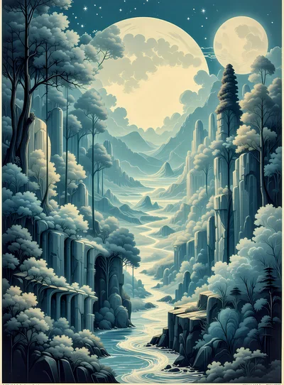 Surreal Fantasy Landscape With Twin Moons And River