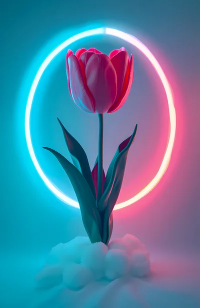 Single Pink Tulip With Neon Ring Light