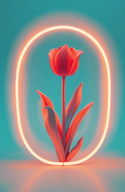 Red Tulip Inside Glowing Neon Oval Frame