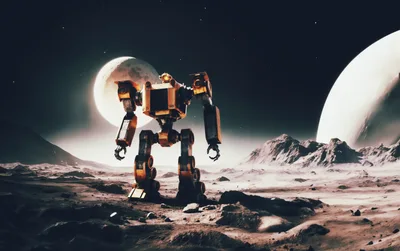 Giant Industrial Mech Standing On A Barren Alien Planet