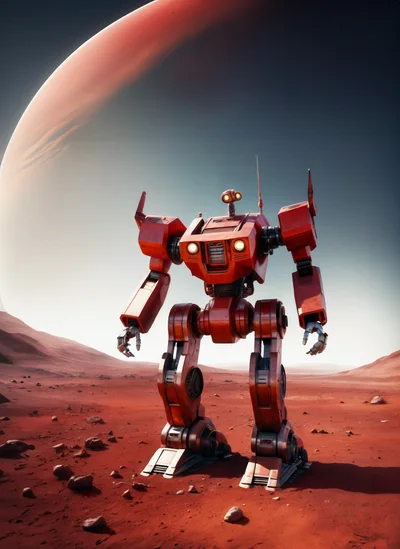Red Robotic Mech Standing On A Martian Landscape