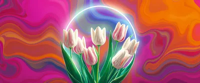 Bouquet Of White Tulips With Neon Circle Frame