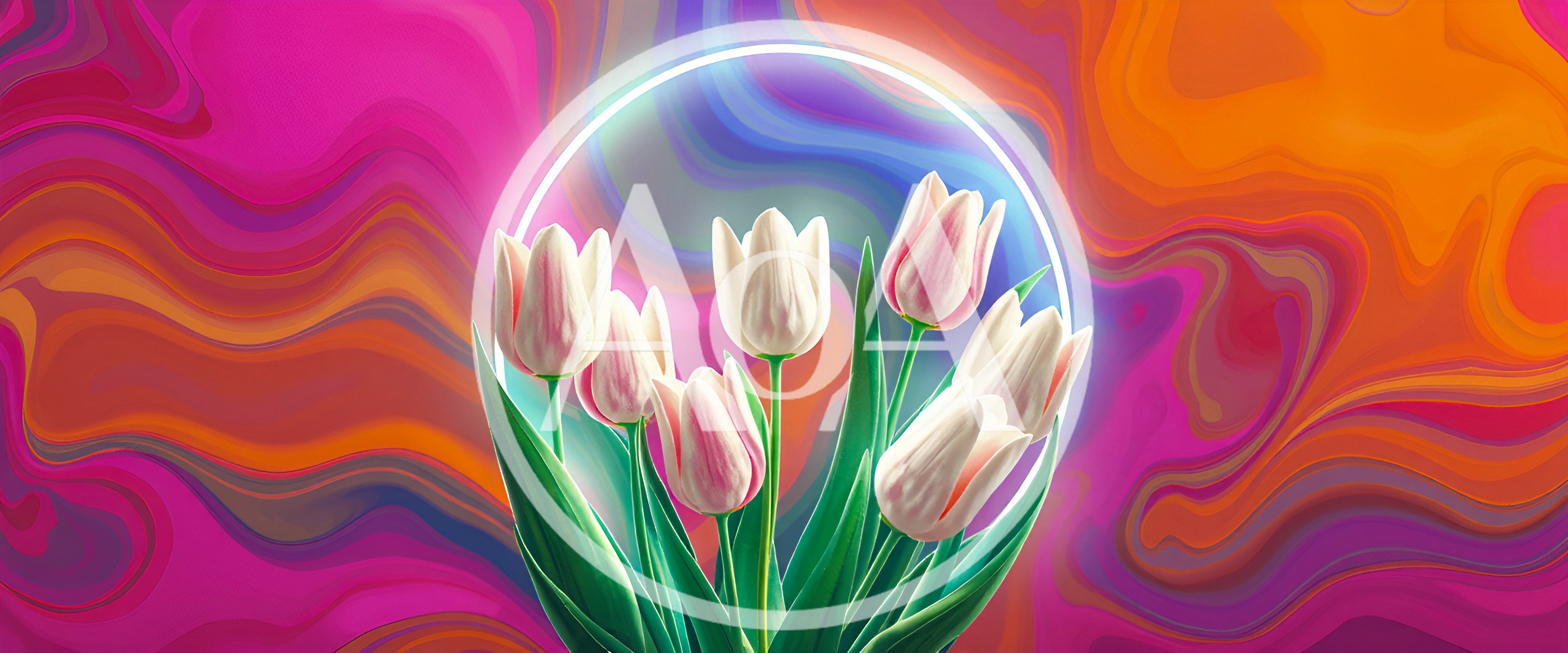 Bouquet Of White Tulips With Neon Circle Frame