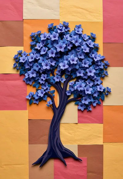 Paper Cutout Tree With Blue Flowers