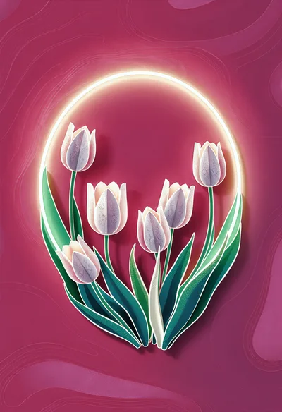 Paper Cutout Style Tulips Inside Glowing Neon Oval