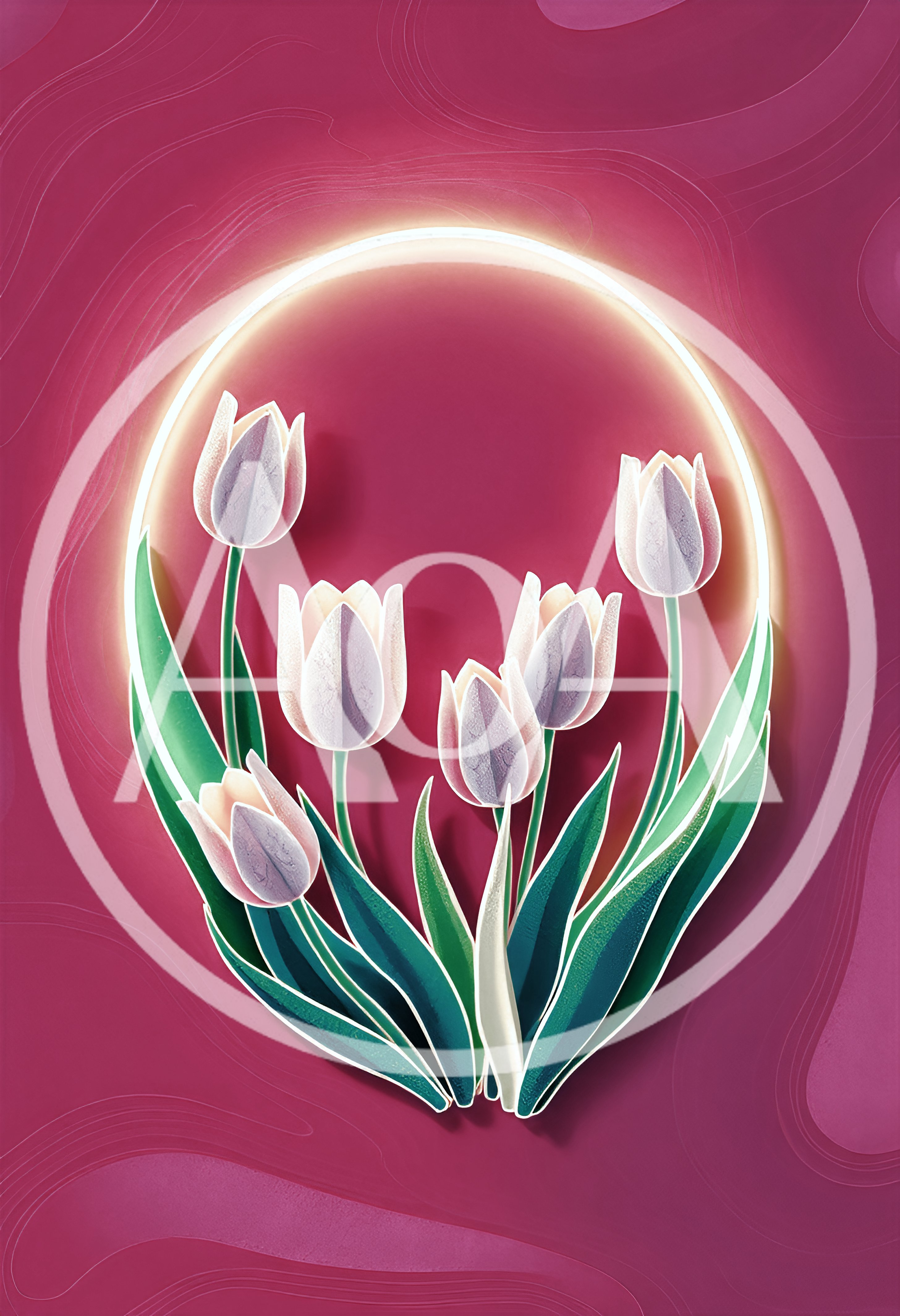 Paper Cutout Style Tulips Inside Glowing Neon Oval