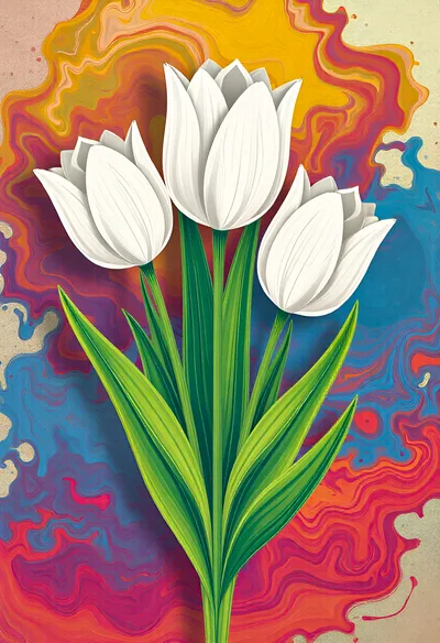 Three White Tulips Against Abstract Colorful Swirl Background