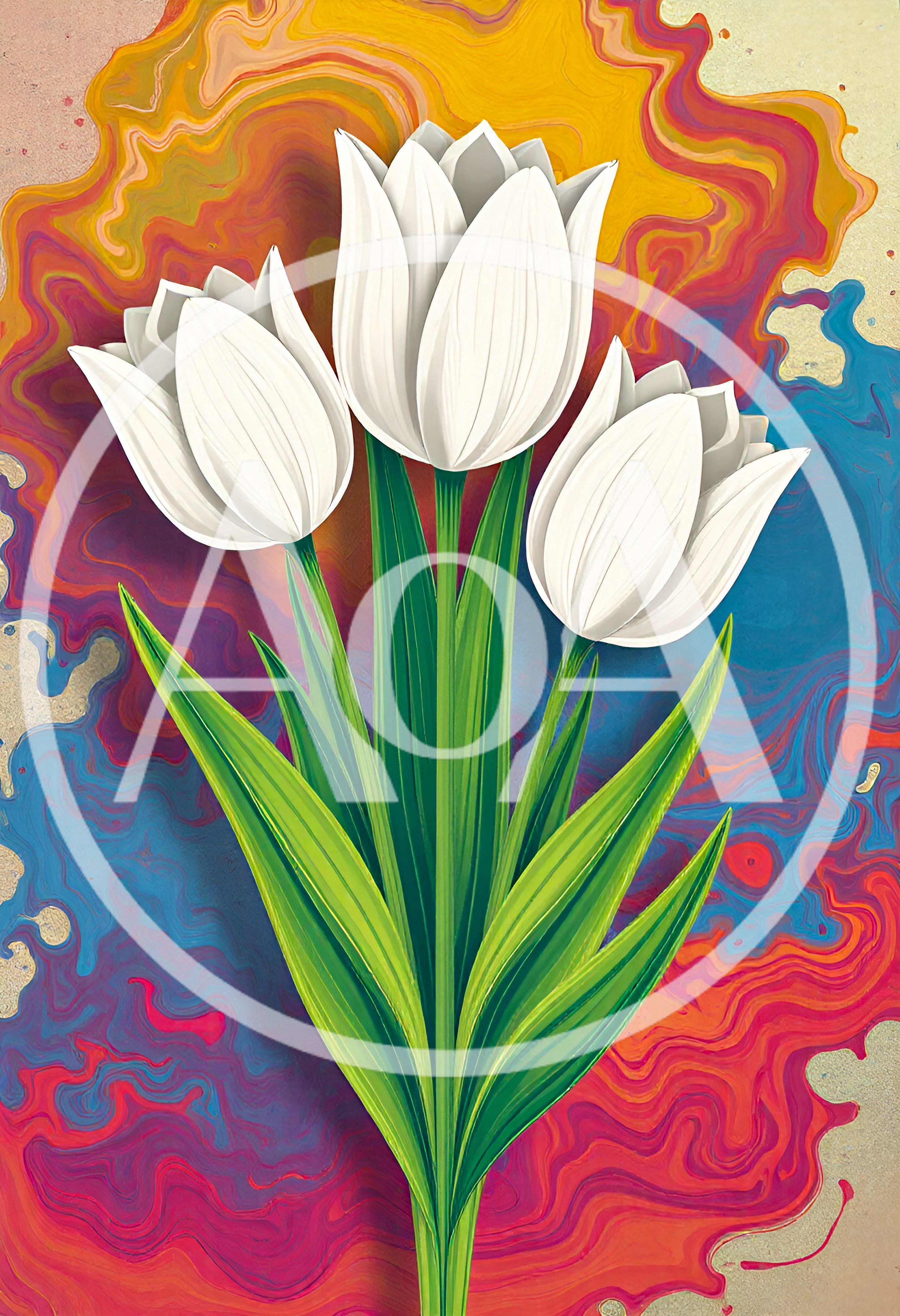 Three White Tulips Against Abstract Colorful Swirl Background