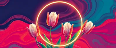 Four Tulips Framed By A Glowing Neon Circle