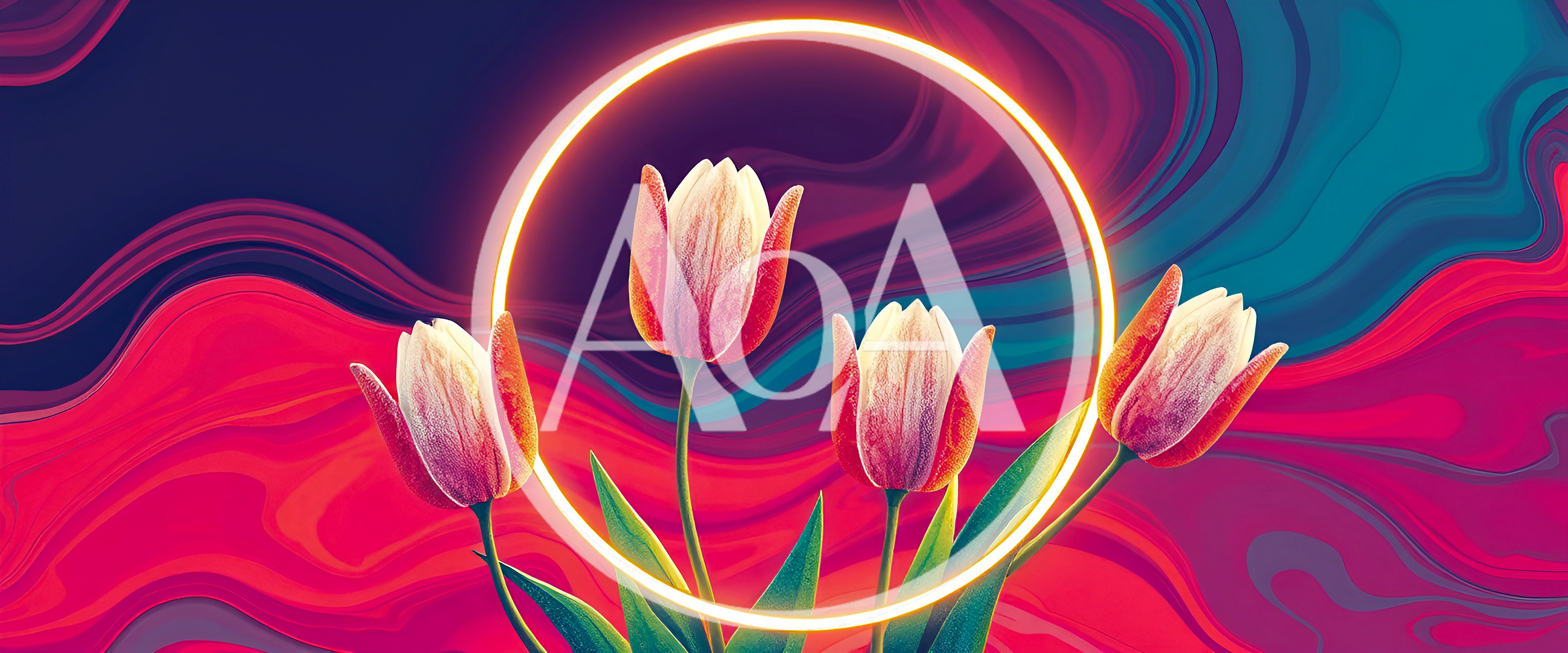 Four Tulips Framed By A Glowing Neon Circle