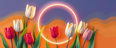 Colorful Tulips With Glowing Neon Circle Frame