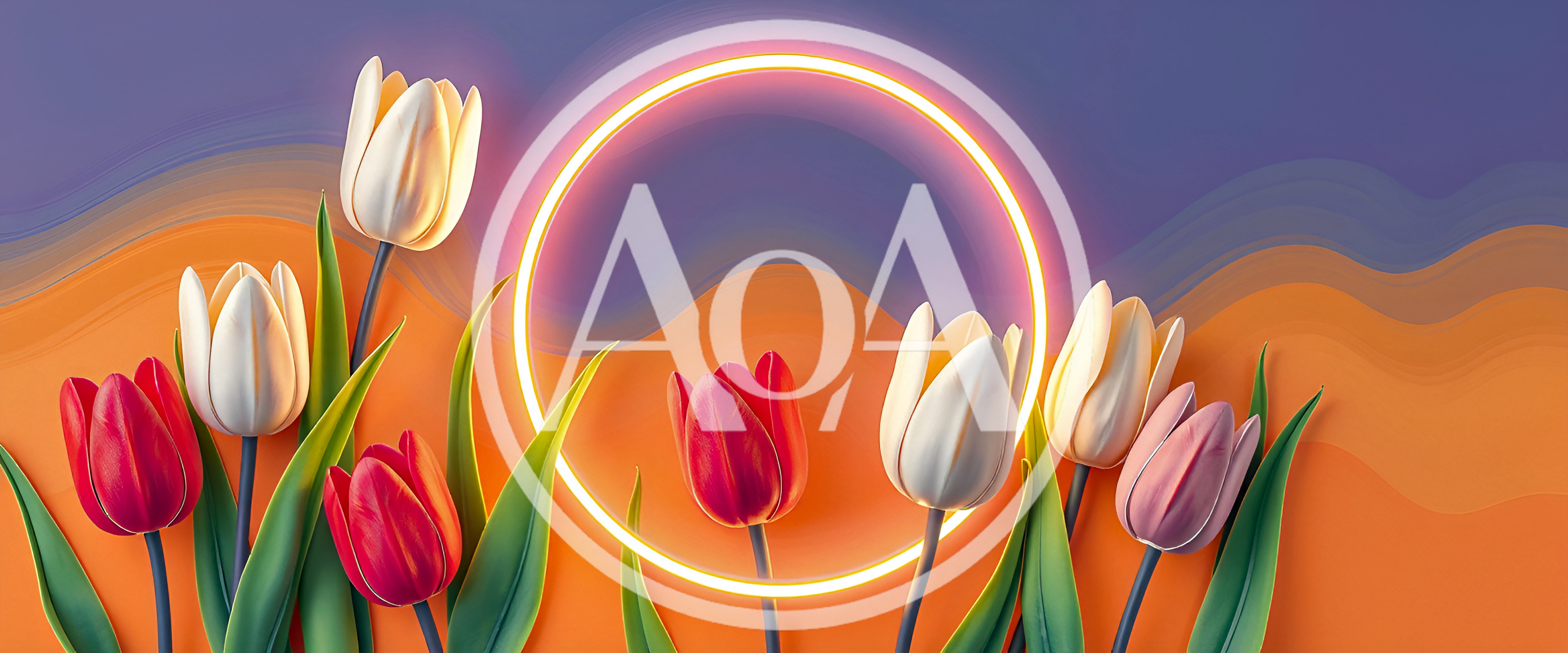 Colorful Tulips With Glowing Neon Circle Frame