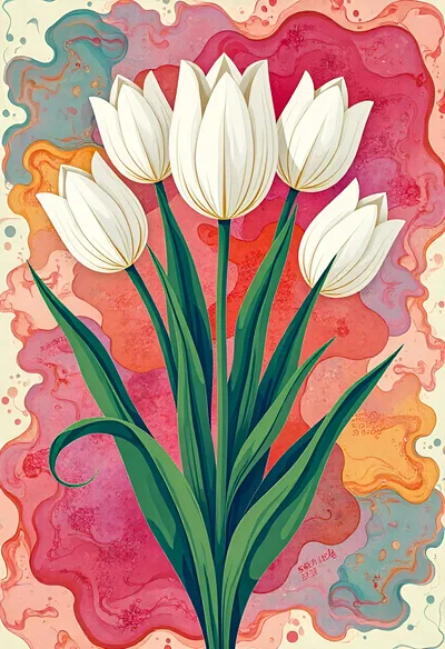 White Tulip Bouquet With Abstract Watercolor Background