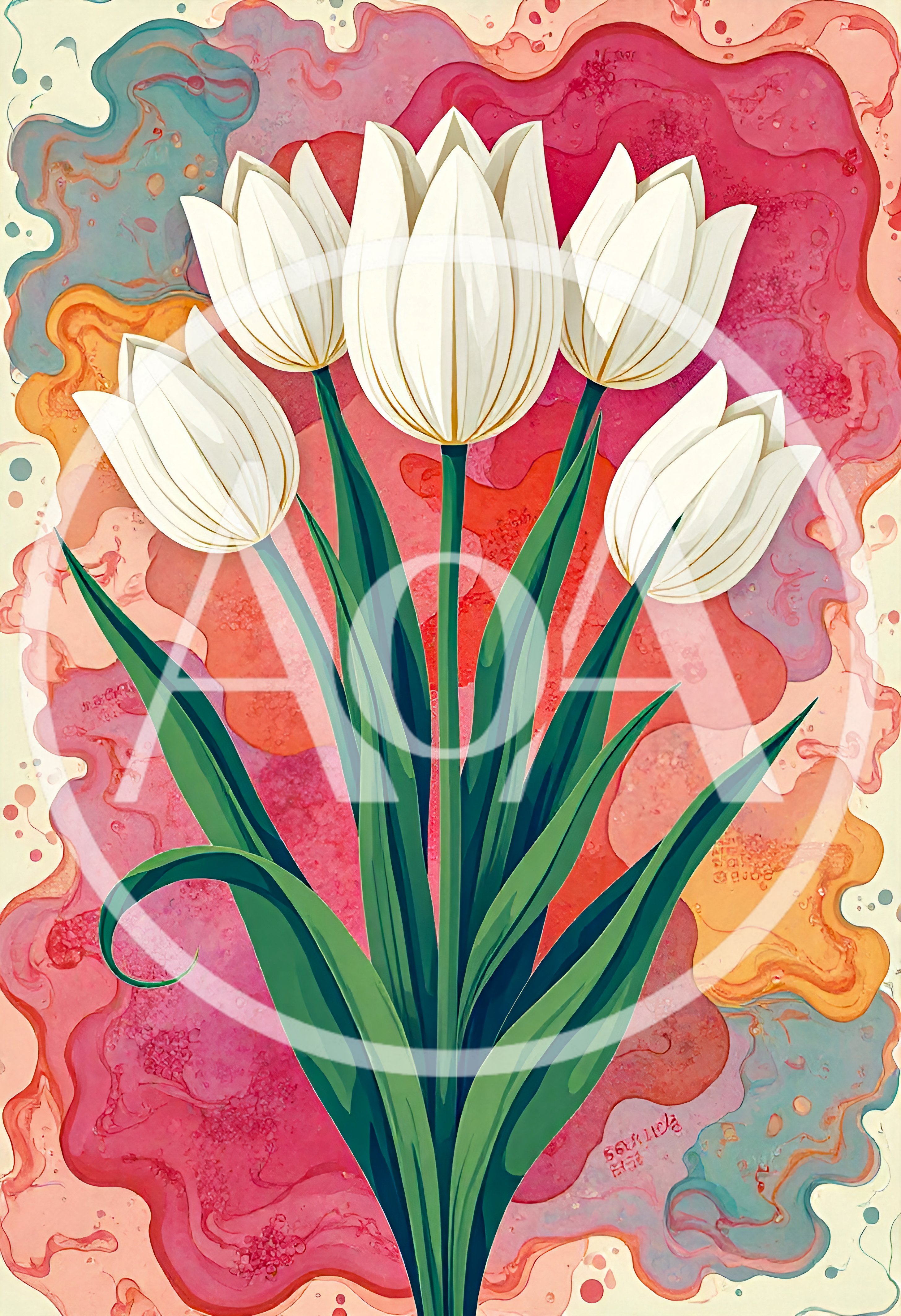 White Tulip Bouquet With Abstract Watercolor Background