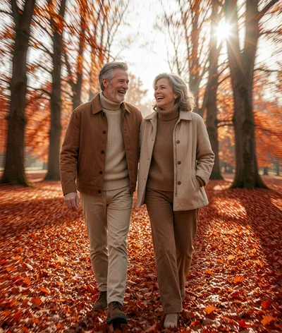 Happy Senior Couple Walking Through Autumn Forest