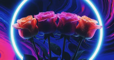 Four Dew Covered Roses Against Neon Circular Background
