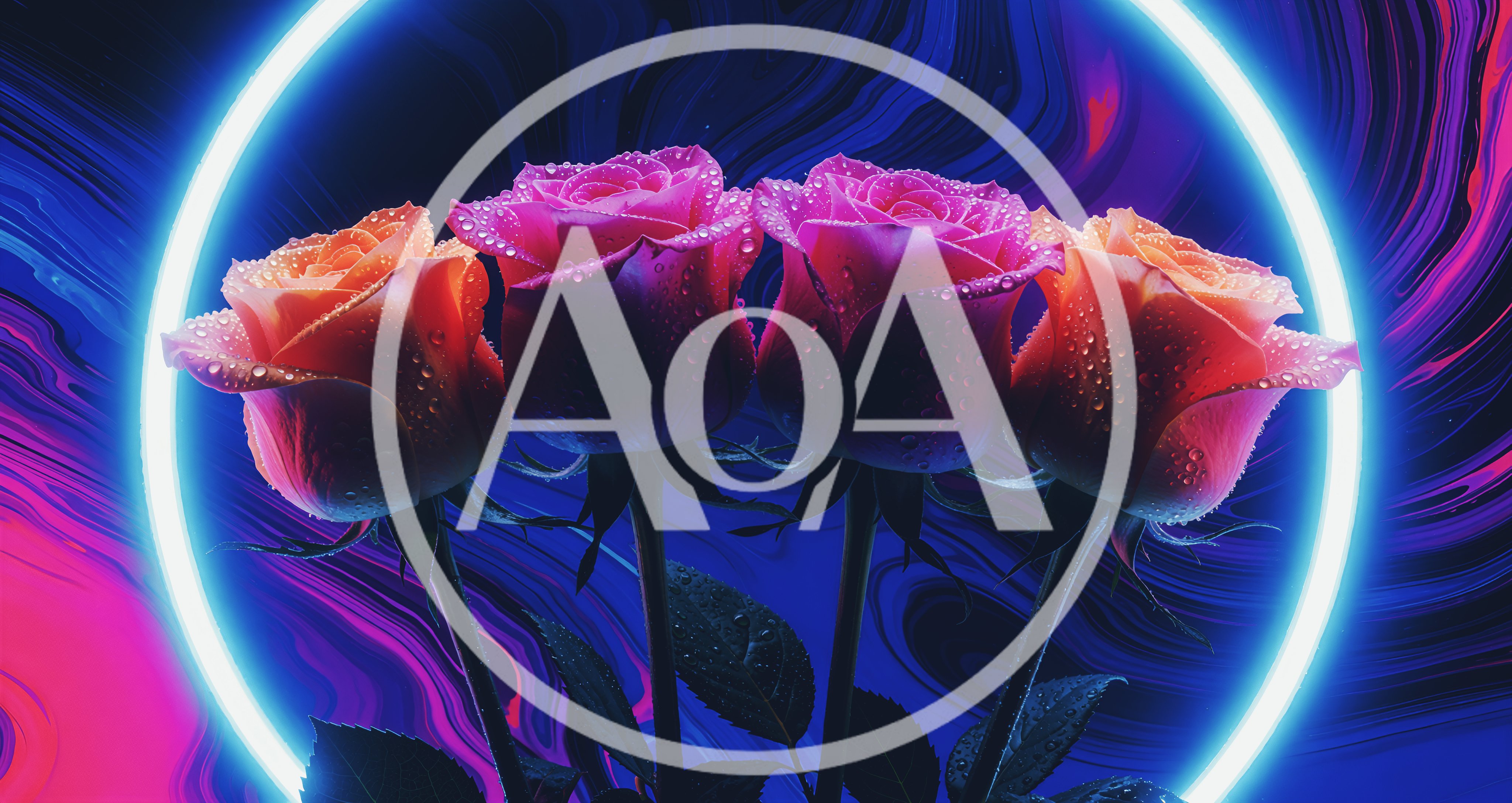 Four Dew Covered Roses Against Neon Circular Background