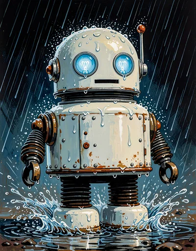 Vintage Style Robot Standing In The Rain