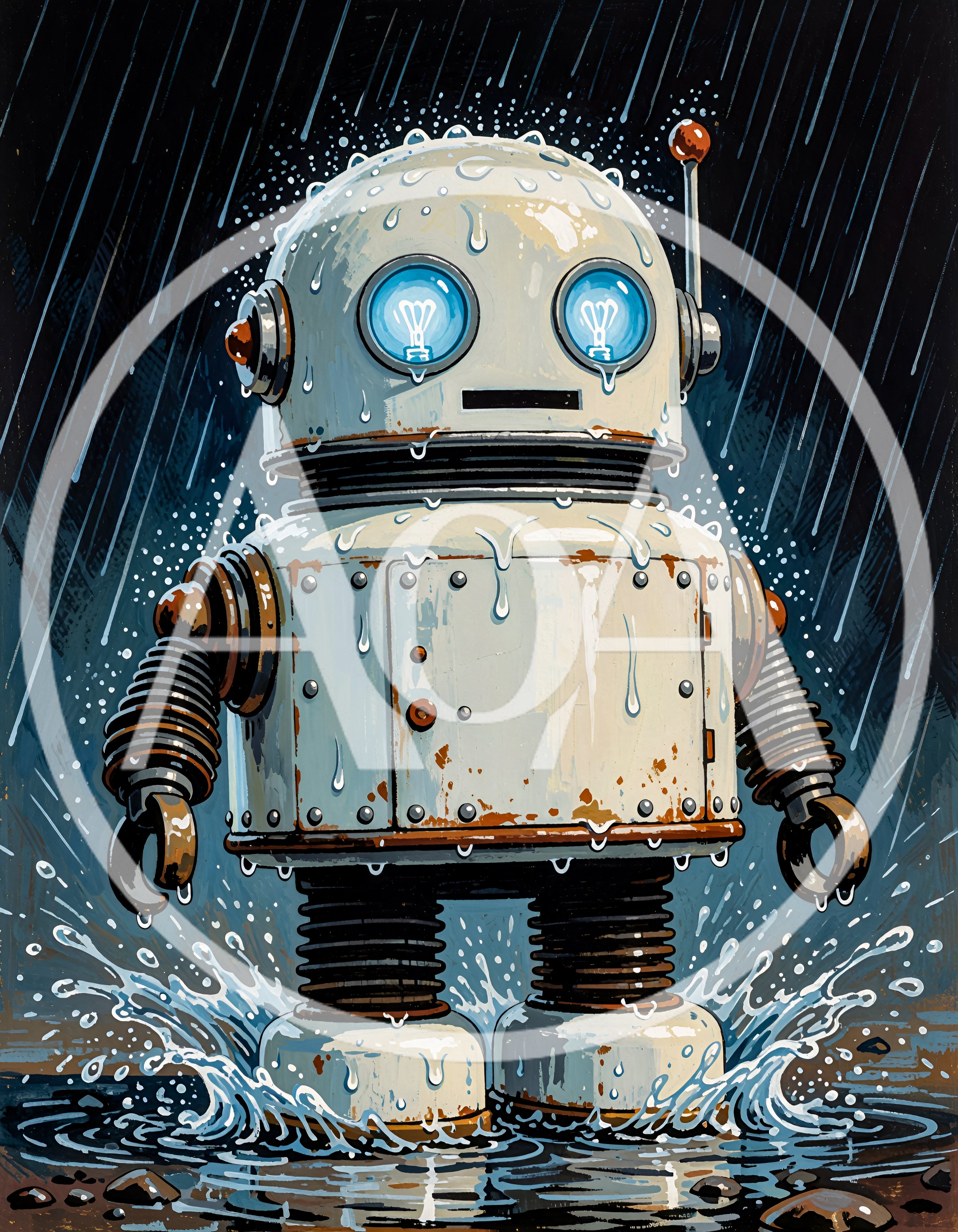 Vintage Style Robot Standing In The Rain