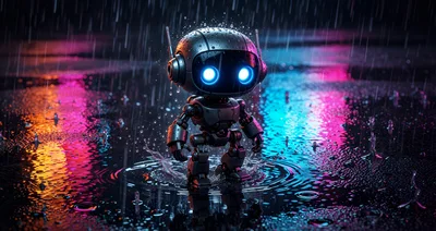 Small Cute Robot Standing In Rain At Night