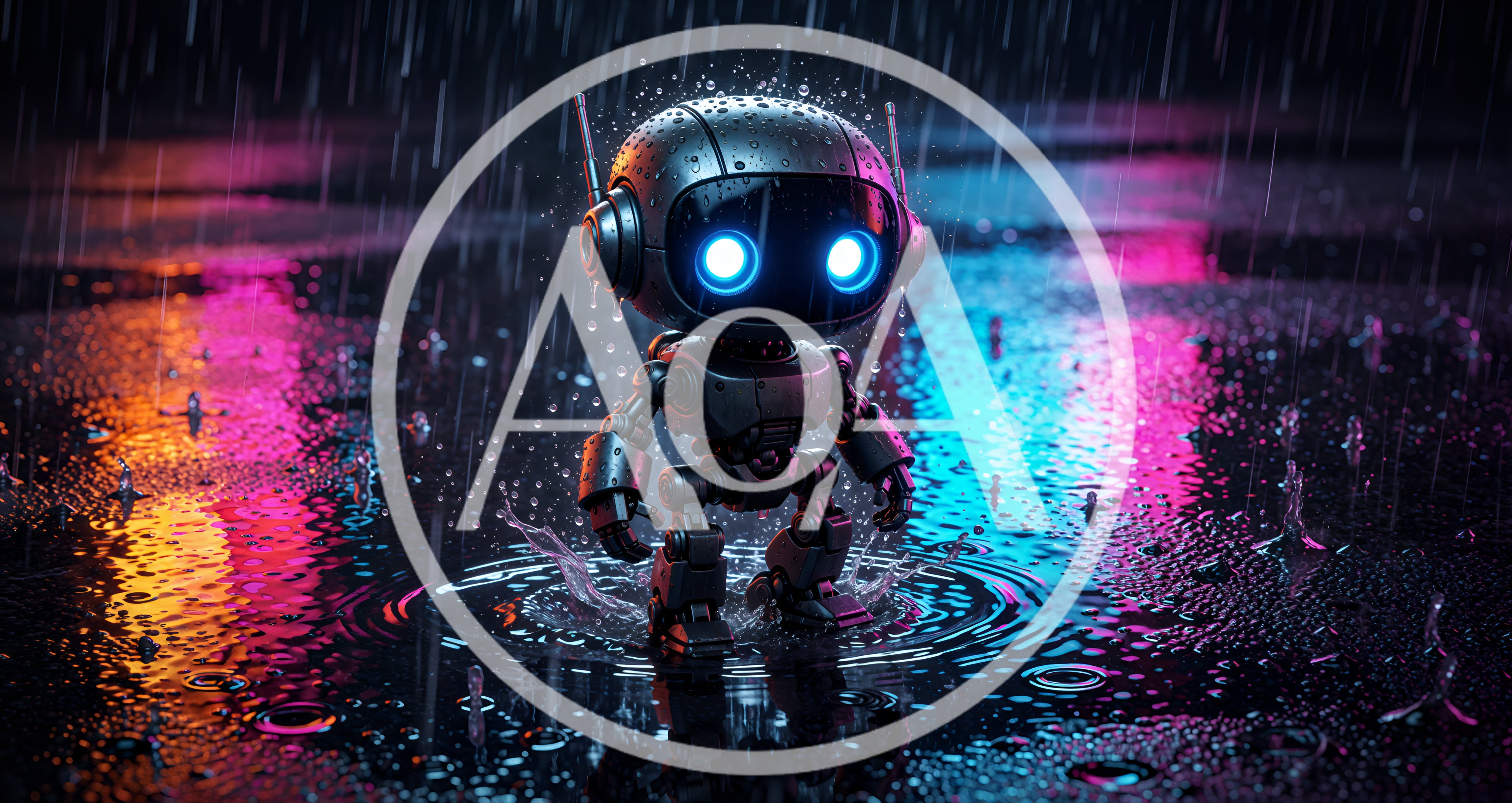 Small Cute Robot Standing In Rain At Night