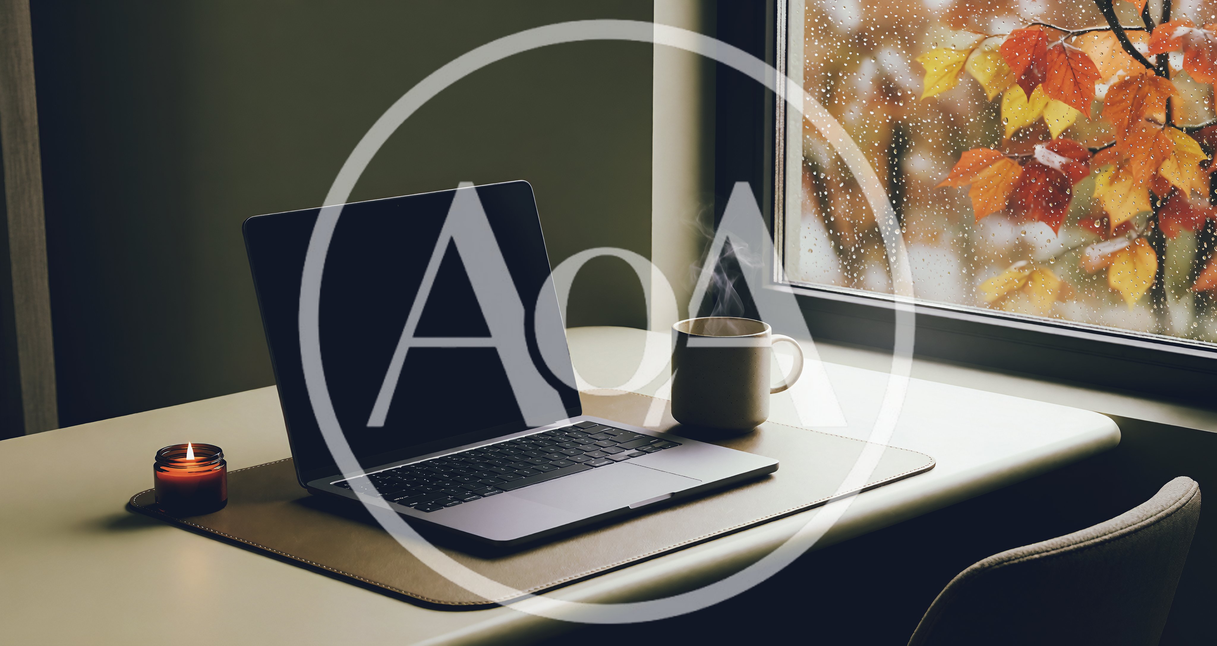 Laptop And Steaming Coffee On Desk By Rainy Window