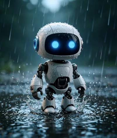 Small White Robot Standing In The Rain