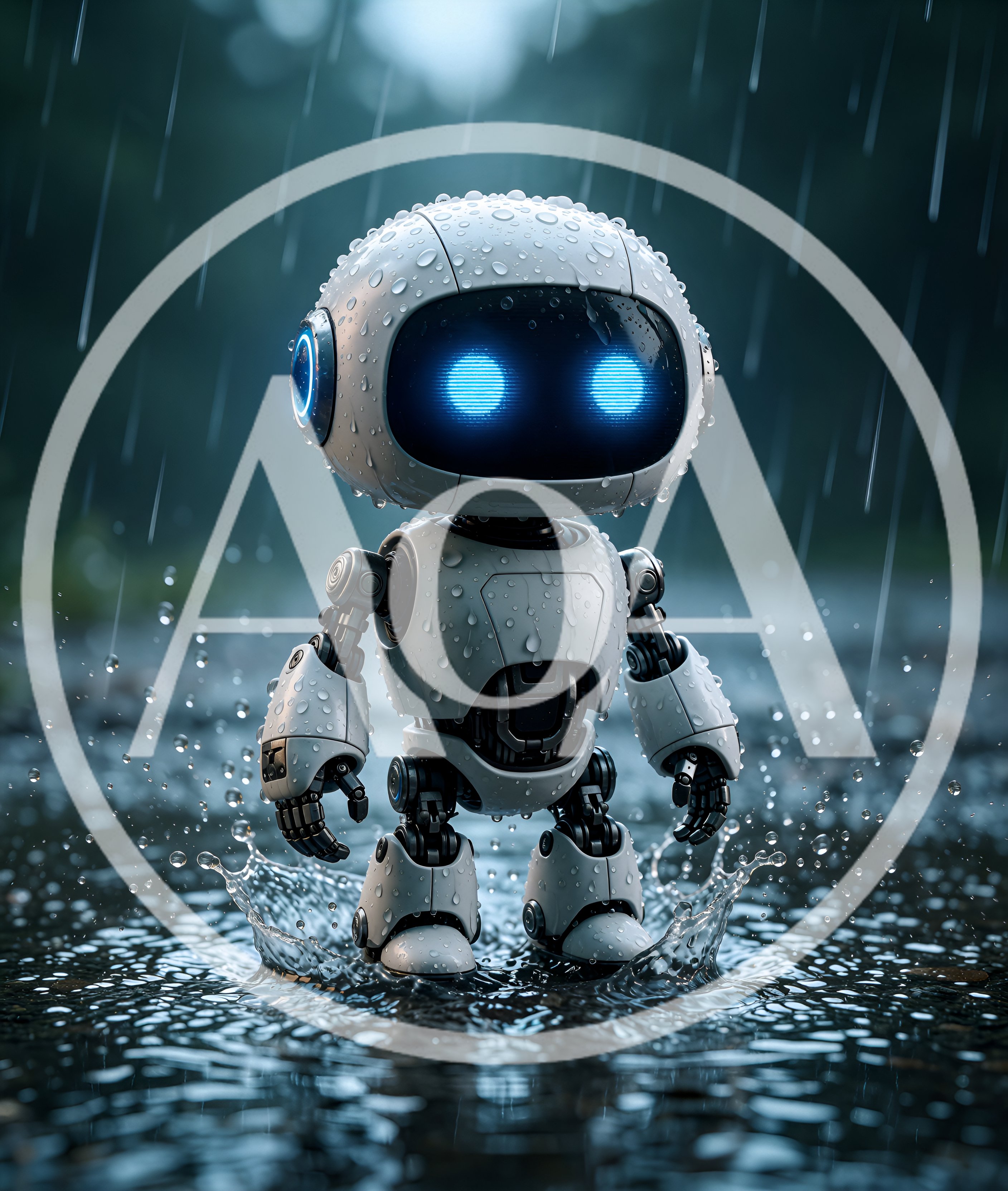Small White Robot Standing In The Rain