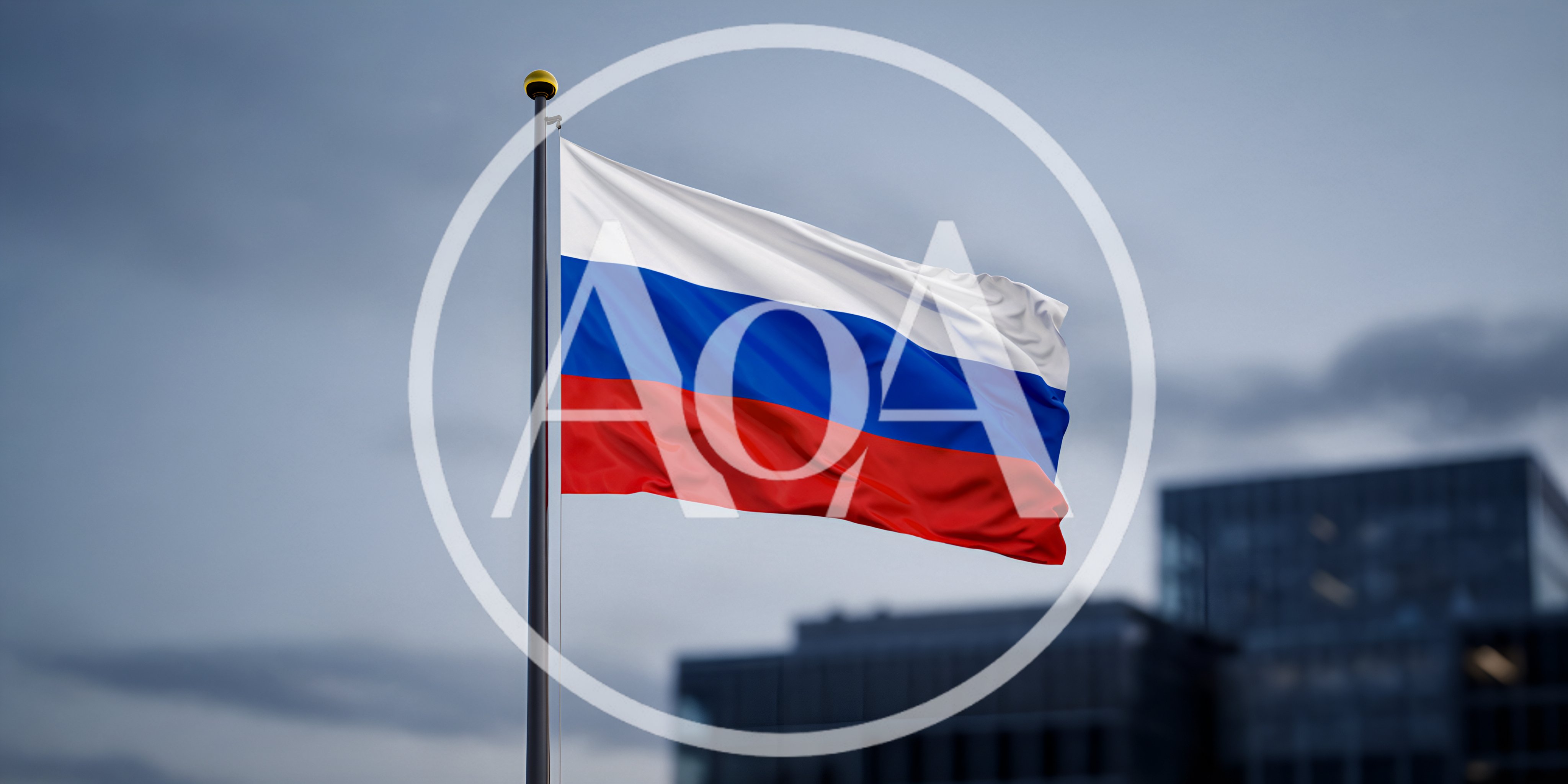 Russian Flag Waving Against A Cloudy Sky