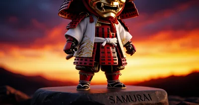 Chibi Samurai Figurine Standing On A Stone Pedestal