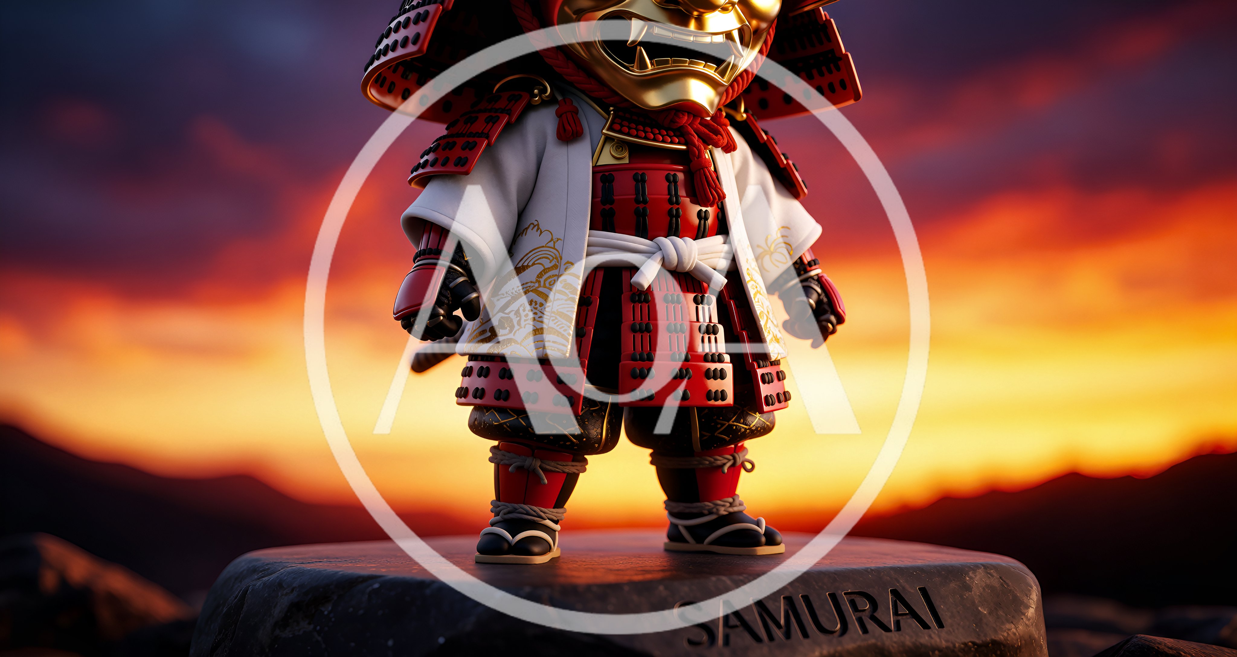 Chibi Samurai Figurine Standing On A Stone Pedestal