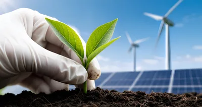 Hand In Glove Planting Green Sprout With Renewable Energy