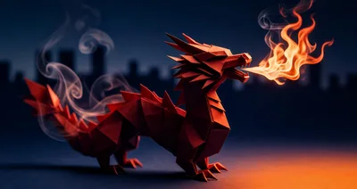 Origami Dragon Breathing Fire Against A Dark Cityscape