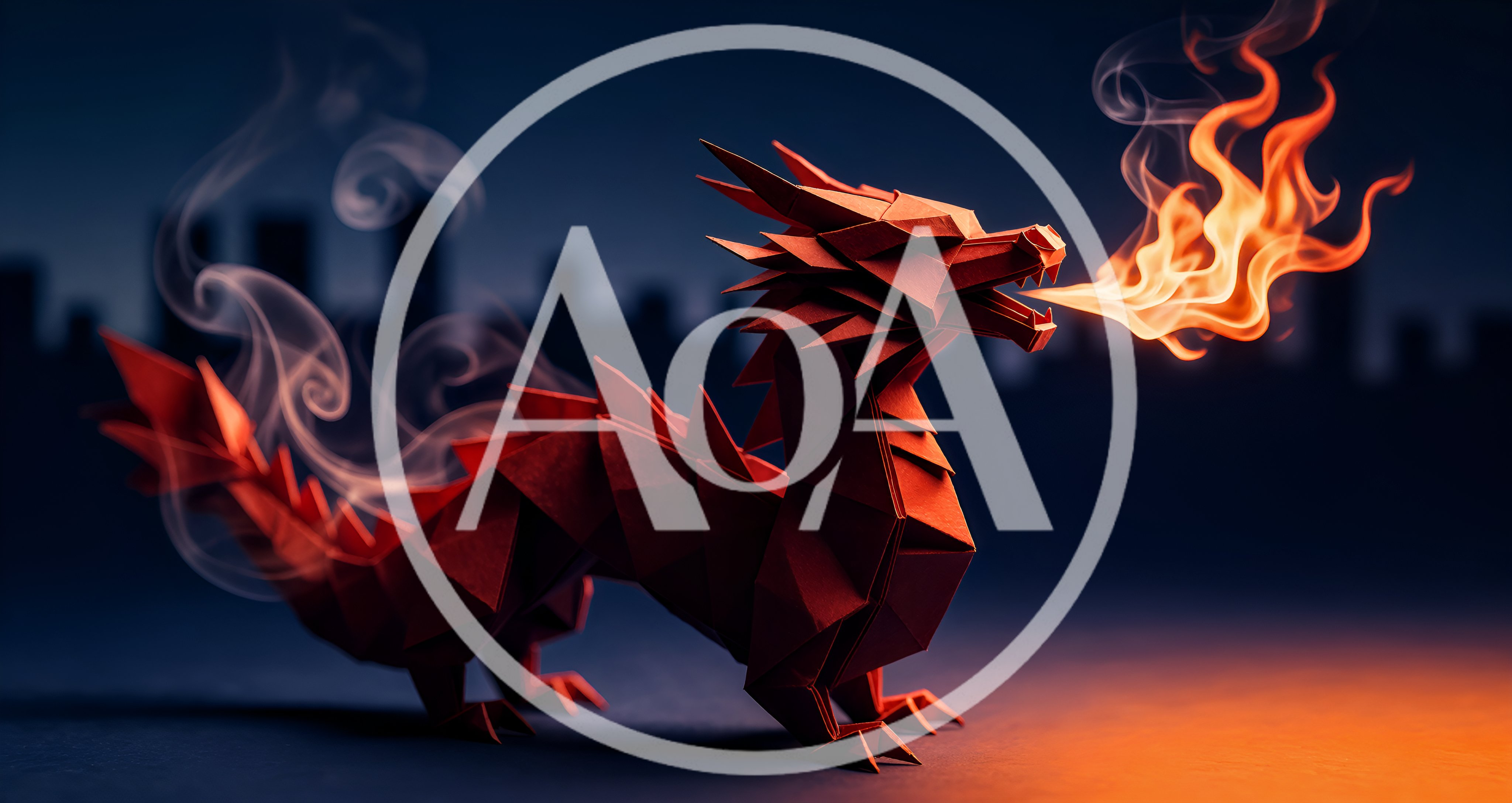 Origami Dragon Breathing Fire Against A Dark Cityscape
