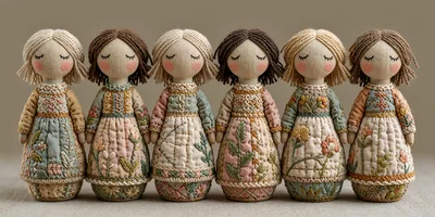 Six Handmade Fabric Dolls With Intricate Embroidery