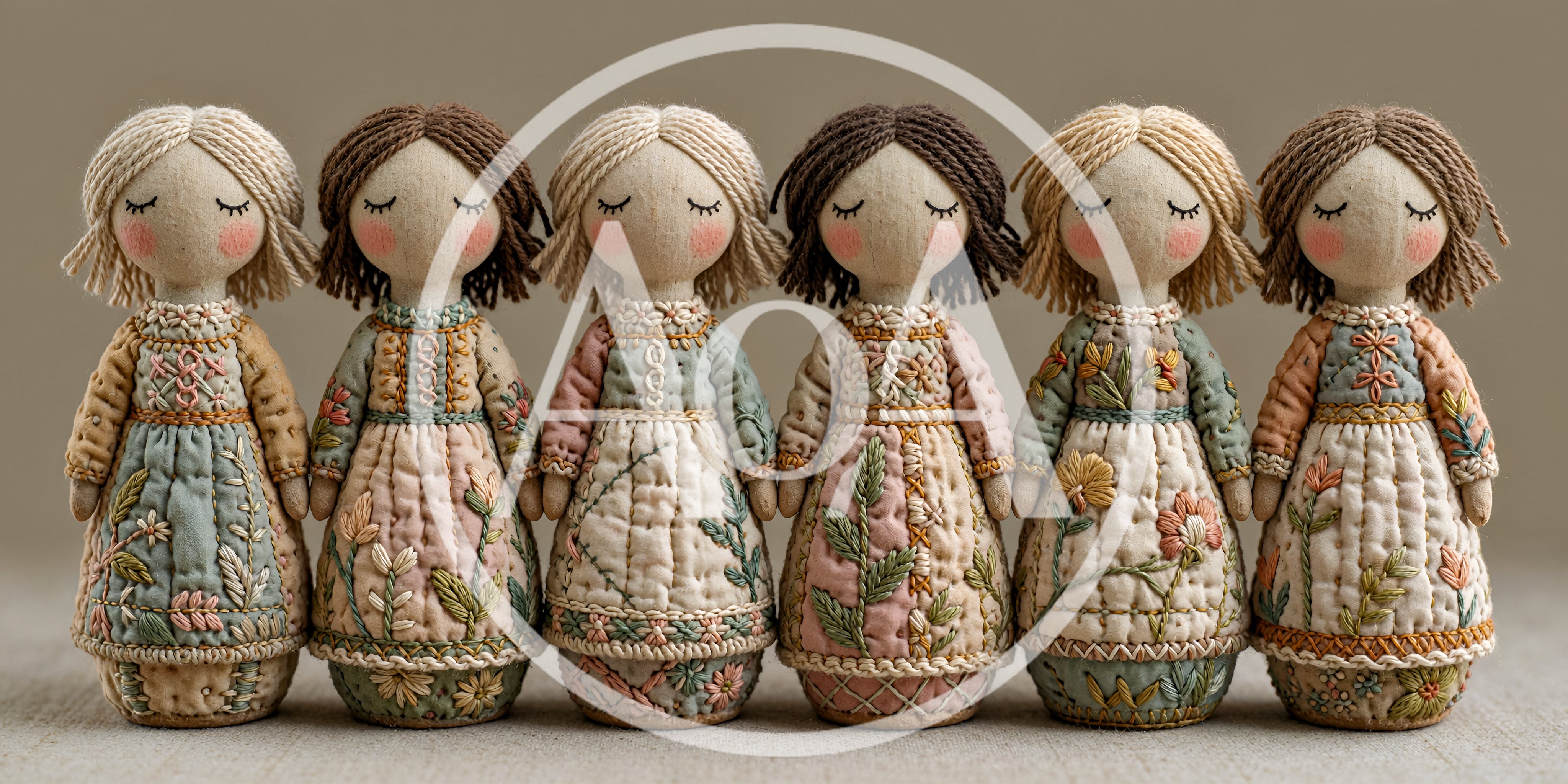Six Handmade Fabric Dolls With Intricate Embroidery