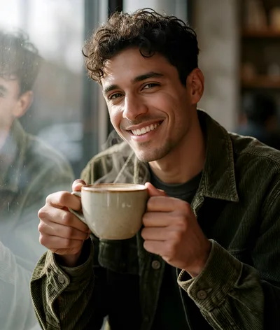 Young Man Smiling While Holding A Warm Coffee Cup