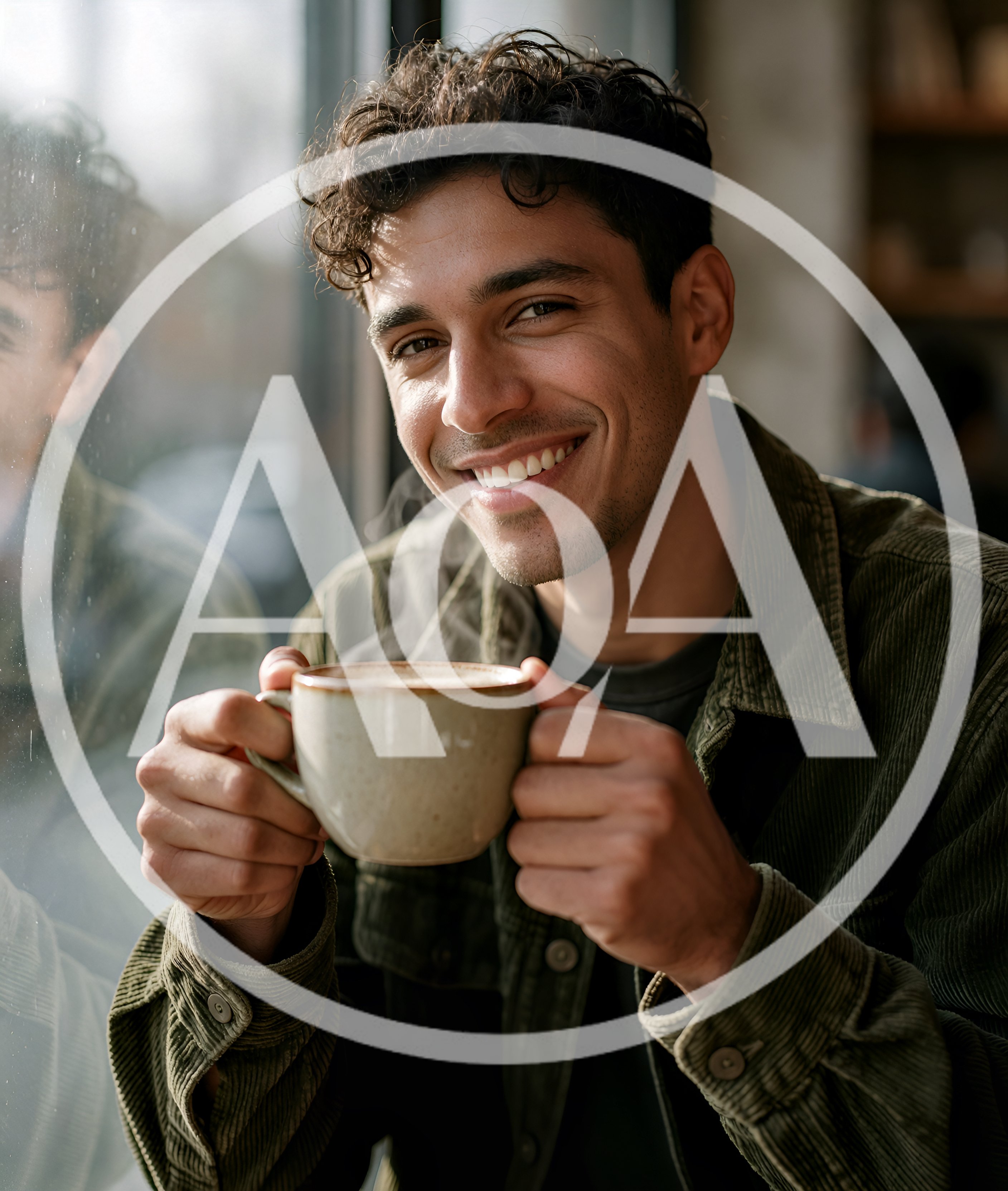 Young Man Smiling While Holding A Warm Coffee Cup