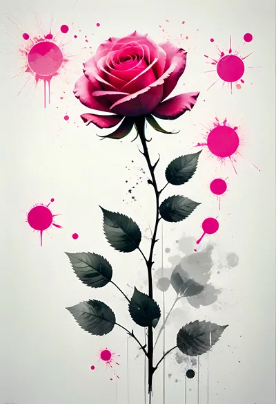 Pink Rose Illustration With Abstract Paint Splatters