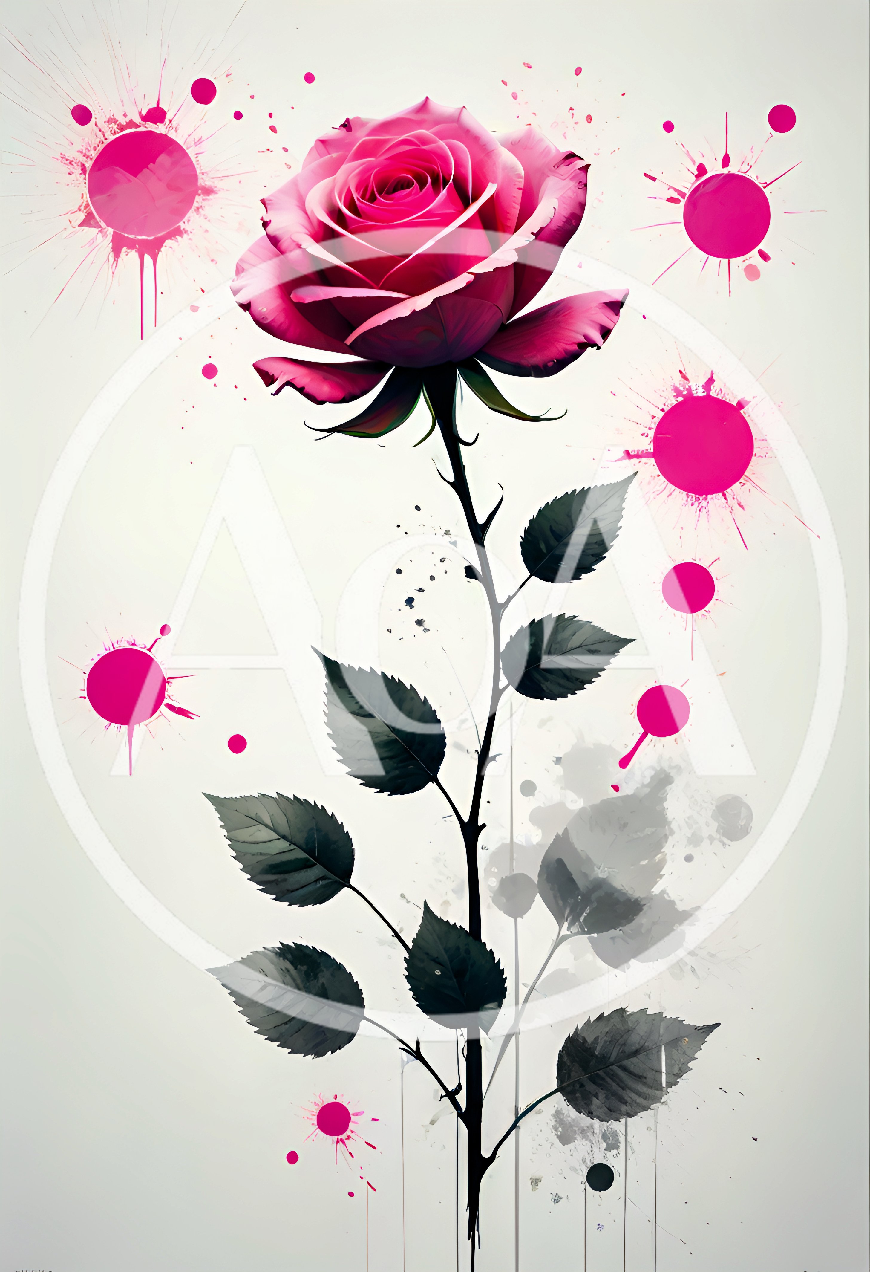 Pink Rose Illustration With Abstract Paint Splatters
