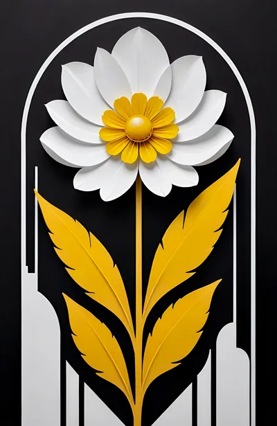 Stylized White Daisy With Yellow Leaves In Arch Frame