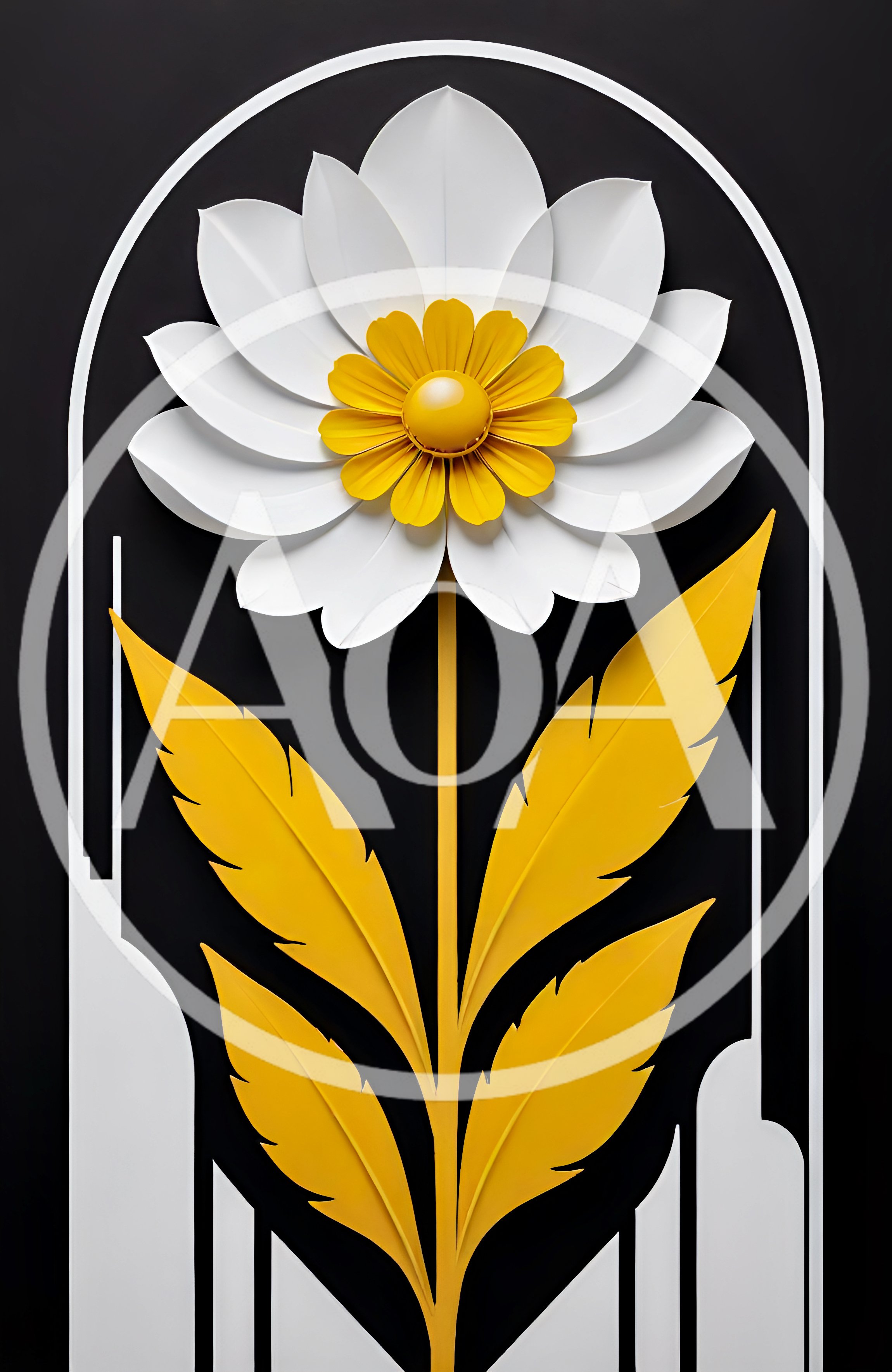 Stylized White Daisy With Yellow Leaves In Arch Frame